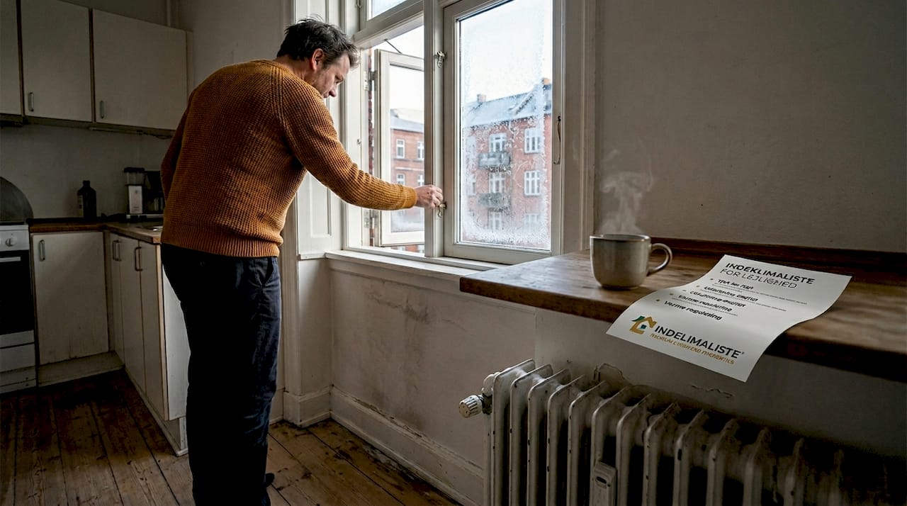 En mand lufter ud i sin vinterbolig ved at åbne vinduet.