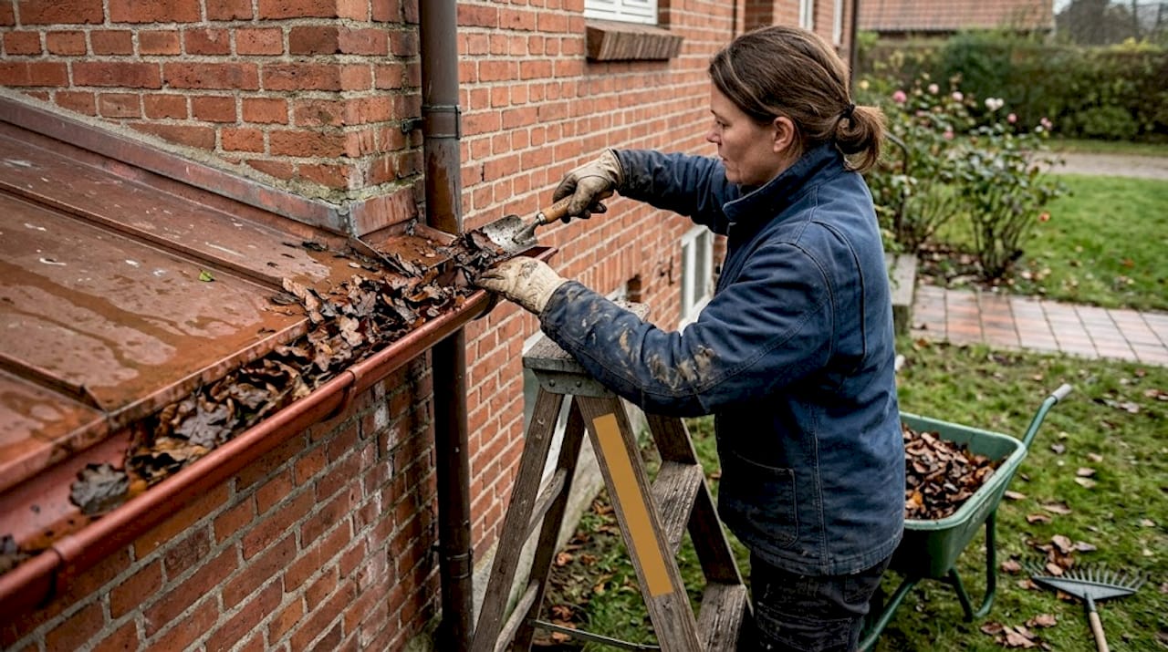 En kvinde står ved huset og fjerner blade fra tagrenden.