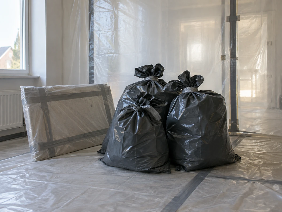 Skimmelsanering: byggematerialer pakket i lukkede sække i afskærmet arbejdsområde
