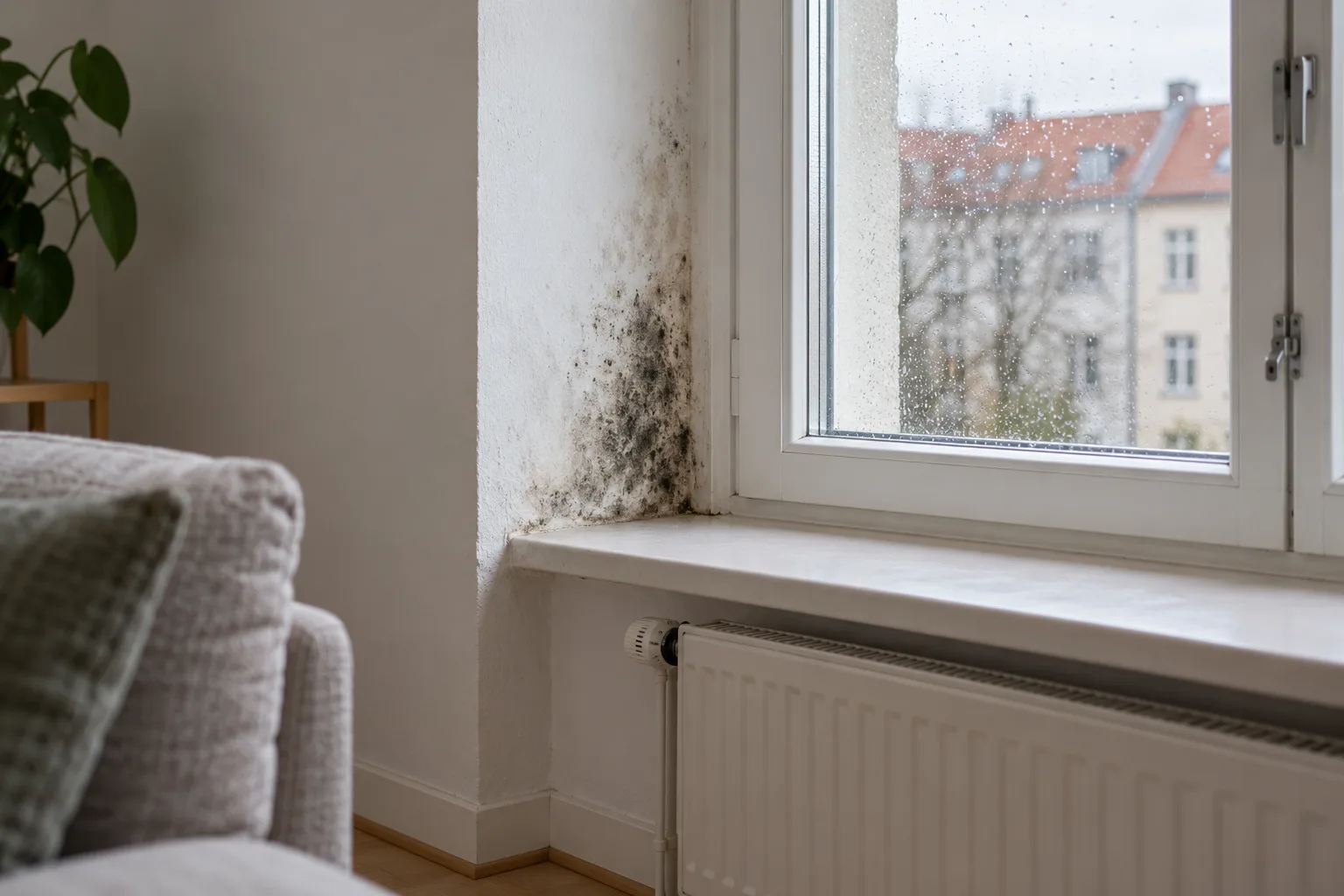 Skimmelsvamp på væggen ved et vindue i en lejebolig