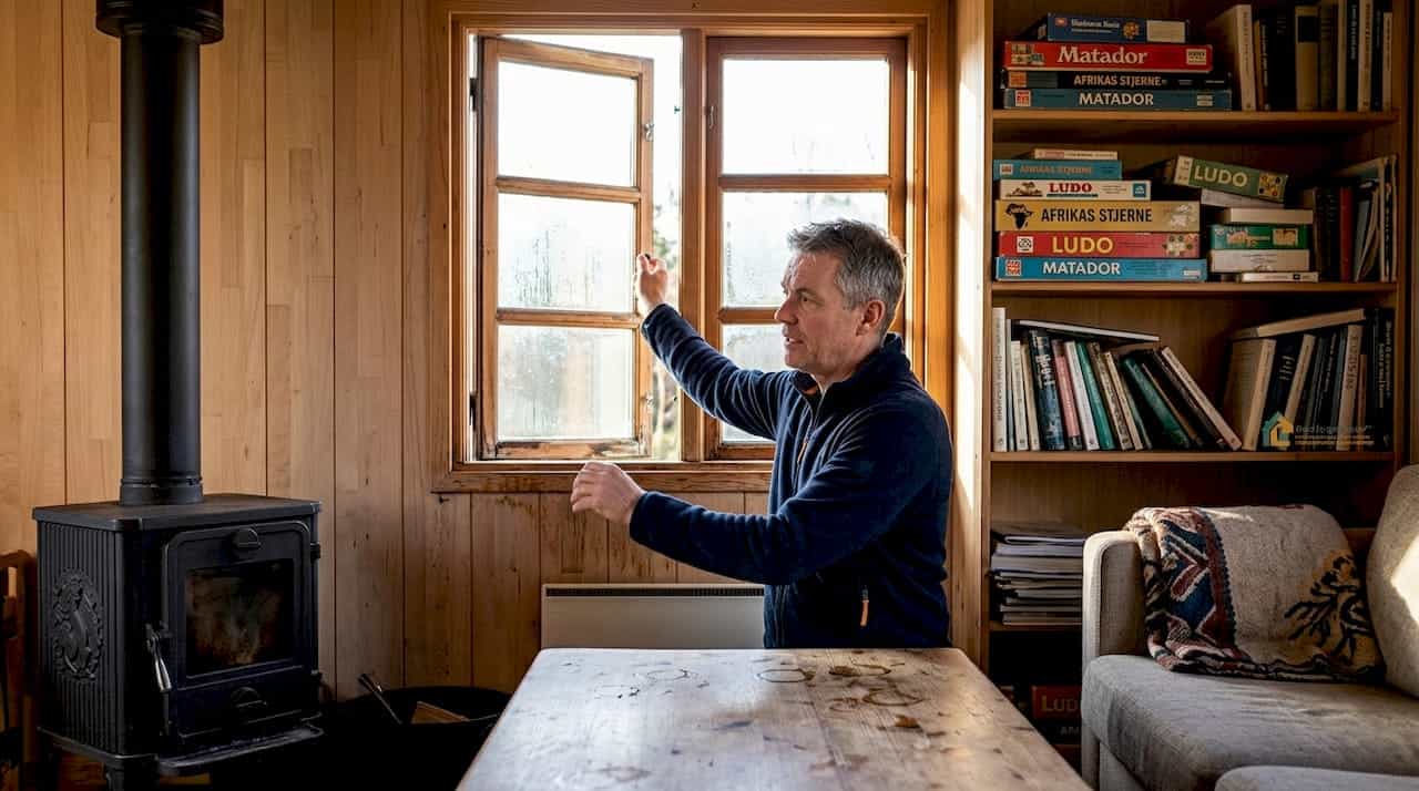 Fugt i sommerhus: mand lufter ud i et klamt og fugtigt sommerhus