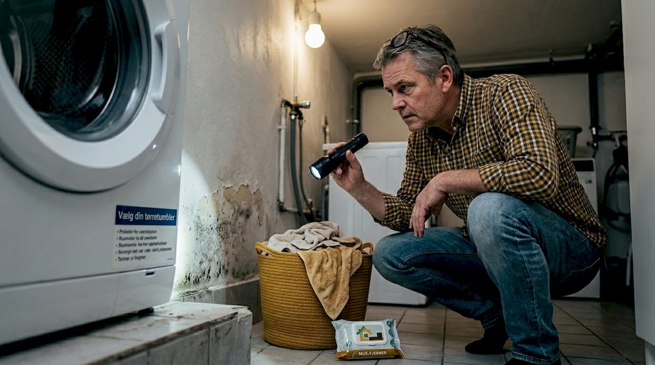 En mand undersøger skimmelsvamp i vaskekælderen.