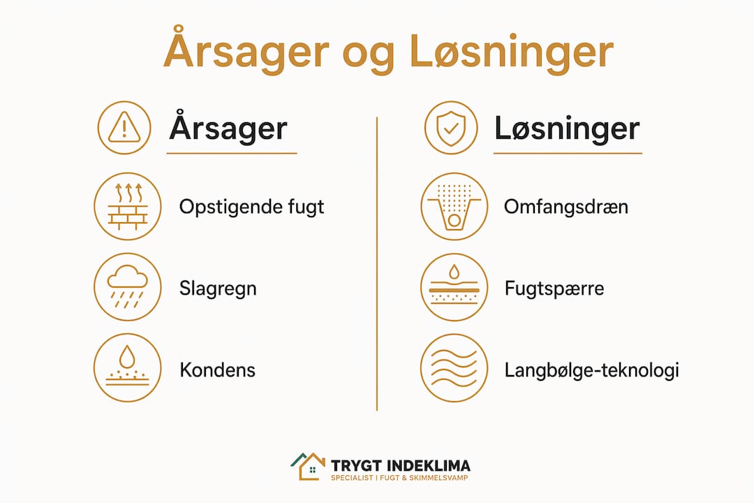 Infografik over fugt i murværk og mulige årsager.