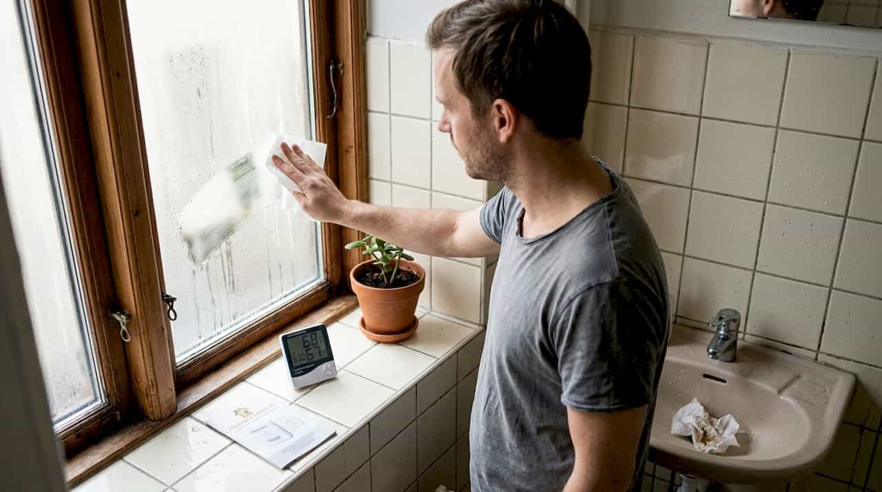 Mand tjekker fugtniveauet på sit badeværelse i København