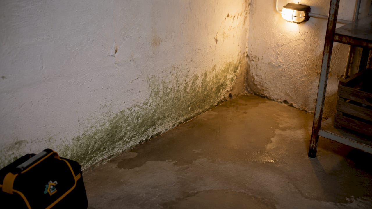 Grønlig belægning nederst på en kældervæg ved et vådt gulv