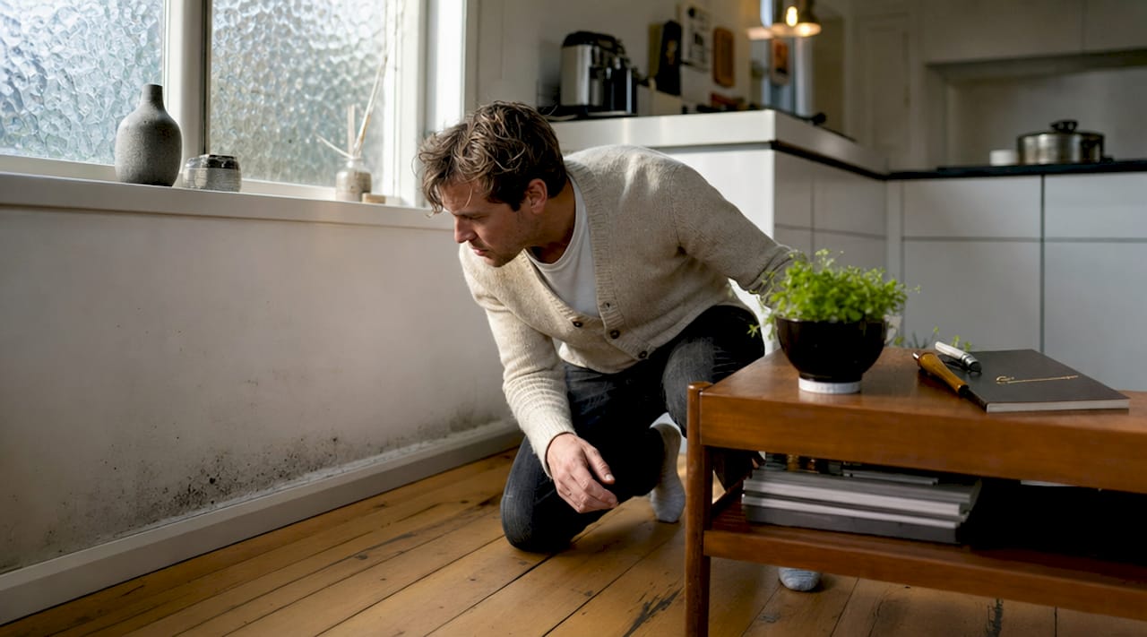 En mand undersøger skimmelsvamp bag sofaen op ad en kold ydervæg.