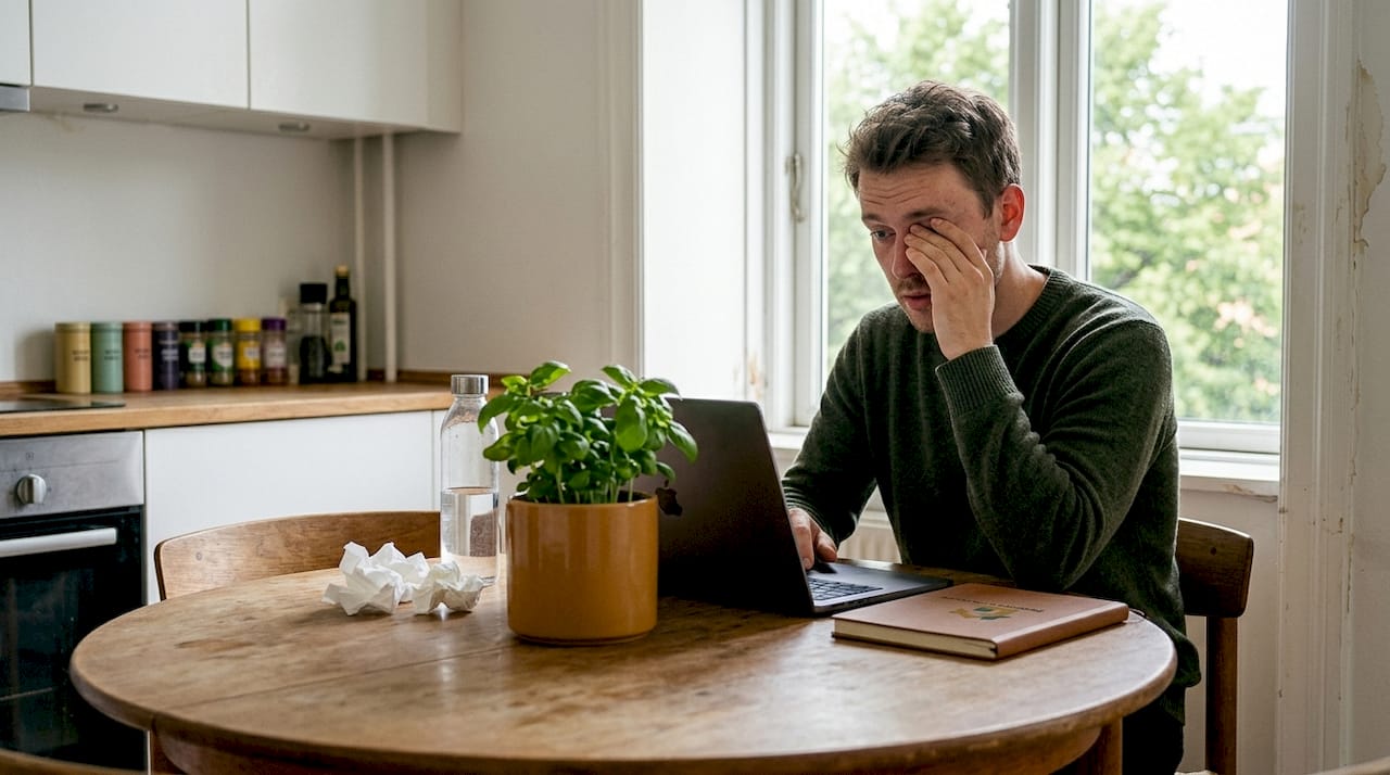 Mand med allergi arbejder i bolig med skimmelsvamp