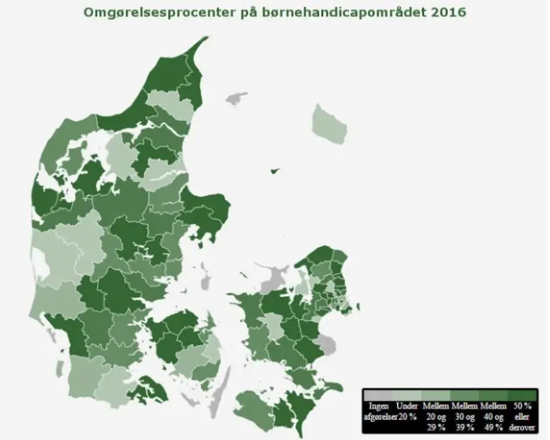 Danmarkskort, hvor kommunerne er farvet i grønne nuancer