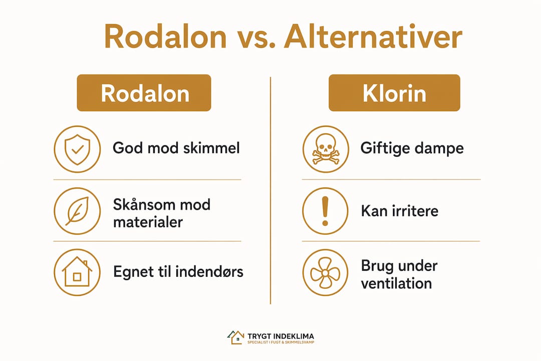 Infografik: Rodalon eller klorin mod skimmelsvamp – forskelle på virkning og overflader
