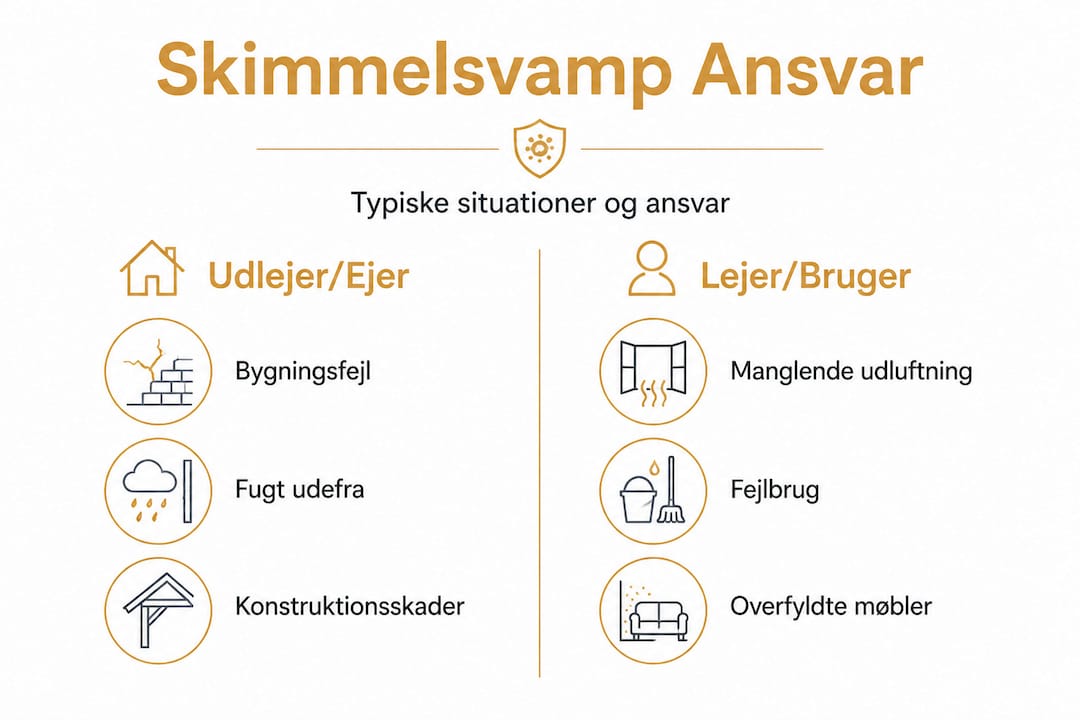 Grafisk oversigt over ansvar for skimmelsvamp mellem ejer og lejer.