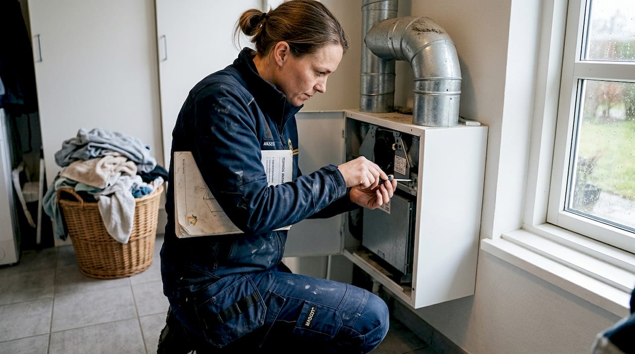 En tekniker justerer ventilationsanlægget i husets bryggers.