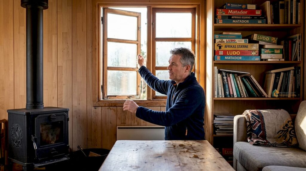 Forstå fugt i sommerhus: beskyt dit indeklima 1 En mand i 50’erne står og lufter ud i sommerhuset, hvor der er blevet lidt klamt og fugtigt.