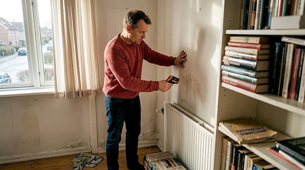 Forstå fugt i vægge: årsager, konsekvenser og løsninger 1 Han undersøger væggen for fugt.