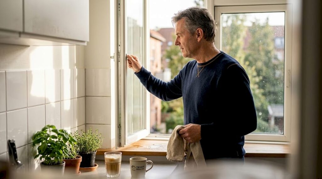 Forstå boligens ventilation: bedre indeklima og mindre skimmel 1 En mand åbner vinduet i køkkenet for at få frisk luft ind.