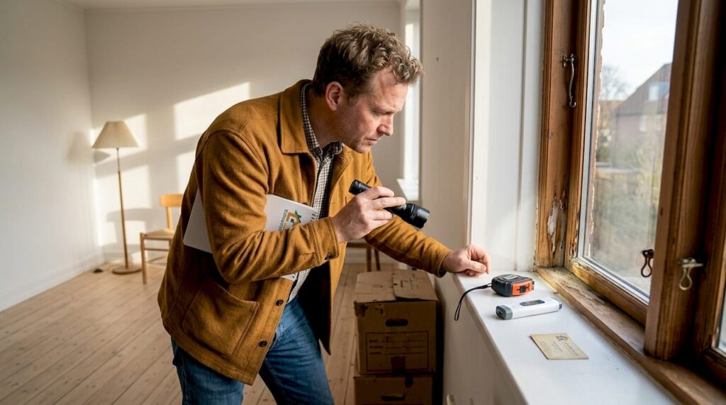 Undgå skimmelsvamp ved boligkøb: sikr dit hjem nu 1 En potentiel køber tjekker stuen for tegn på skimmelsvamp.