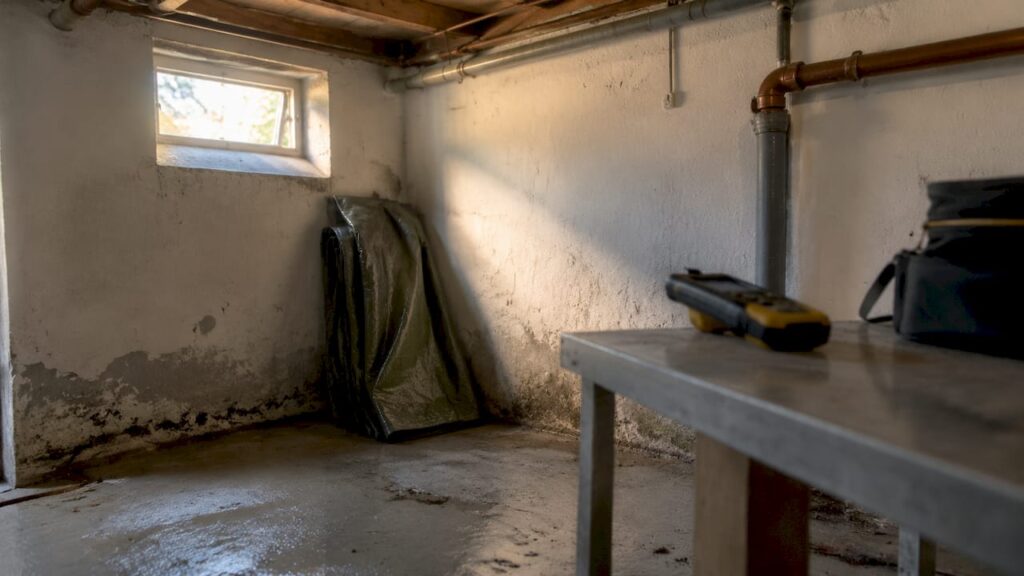 Ventilation i kælder: komplet guide til frisk luft 1 Et hjørne i en dansk kælder med tydelige tegn på fugt og begyndende skimmelsvamp.
