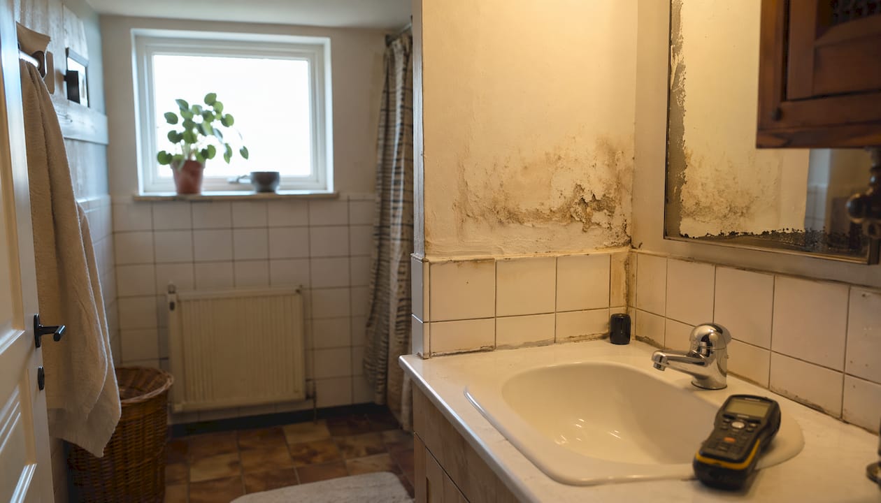Et hjørne i et dansk hjem, hvor der er kommet fugt og begyndende skimmelsvamp.