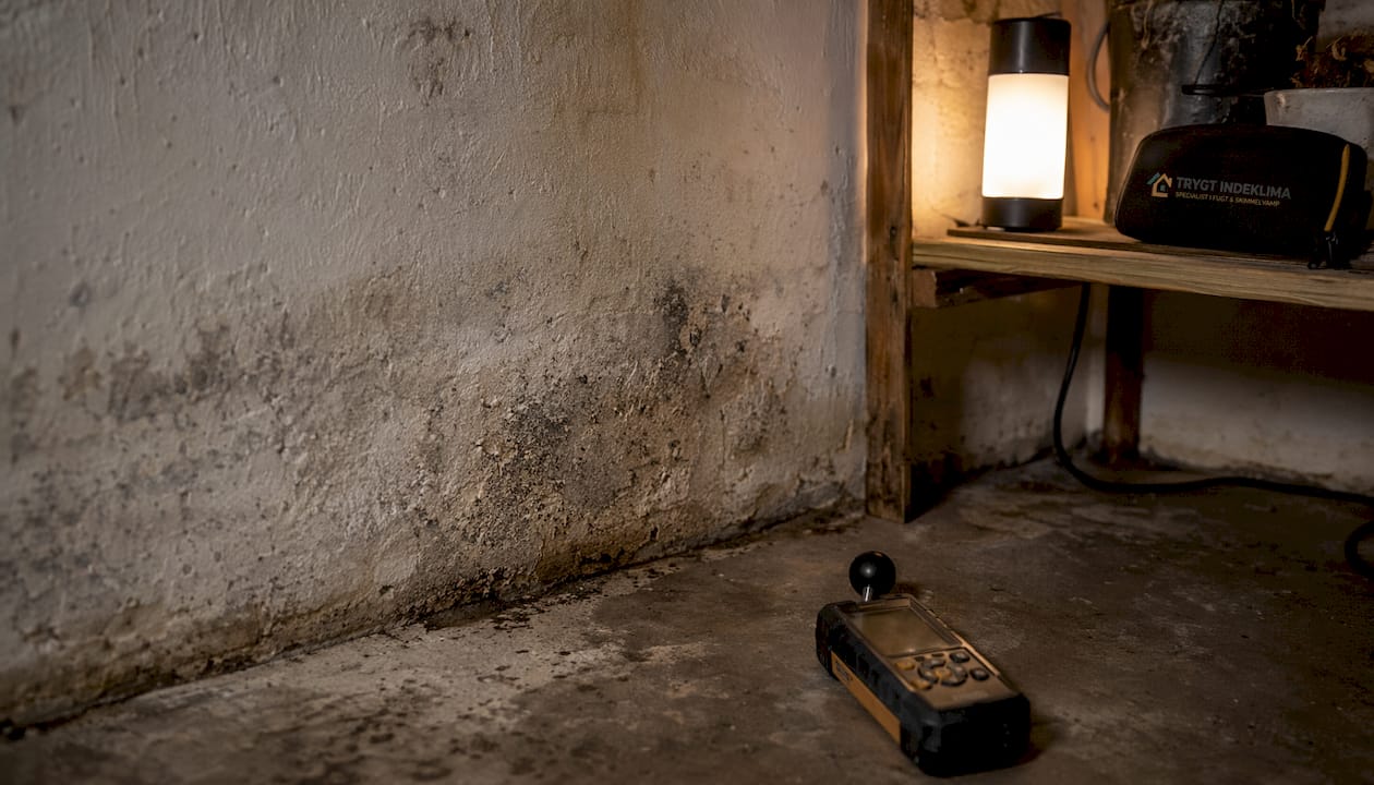 Skimmelsvamp breder sig i hjørnet af en dansk lejlighed, hvor væggen er blevet fugtig.